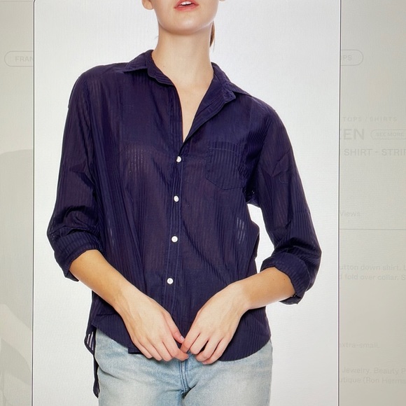 FRANK & EILEEN Eileen Sheer Poplin Striped Navy Shirt - Picture 4 of 16